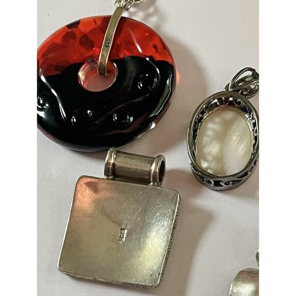 Vtg 925 Sterling Silver Pendant Lot Large Glass Resin Shell Cross Greek Mexico - Picture 6 of 8